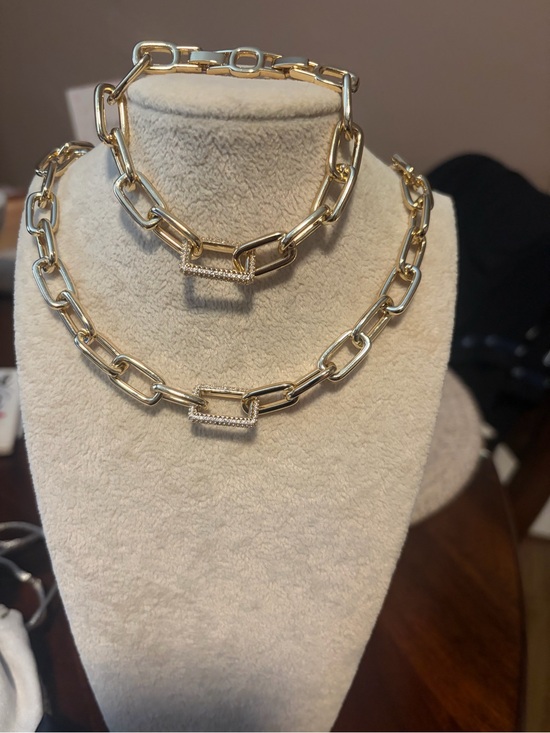 Jewelry - Gold Chain Link Necklace and Bracelet Set with Pave Rectangle Accent